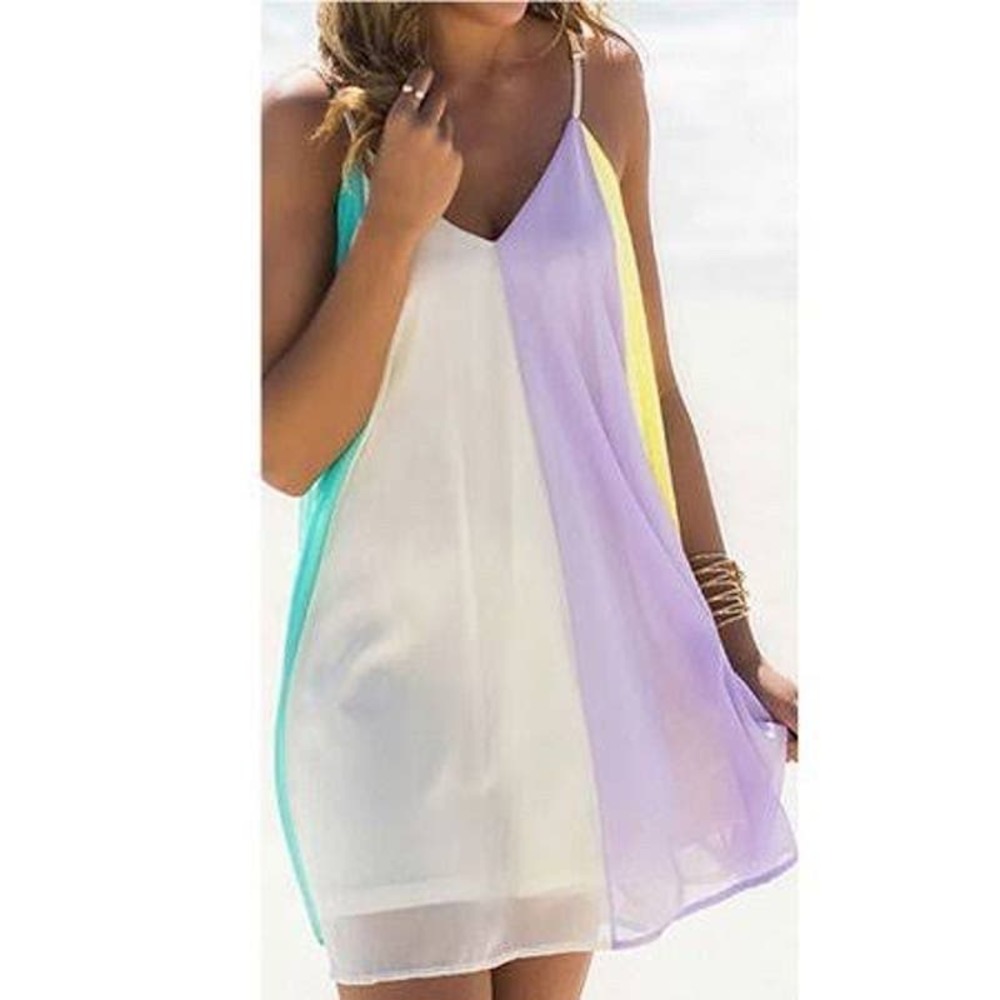 Colorblock Tent Slip Dress Sheer L Aqua Purple White Yellow